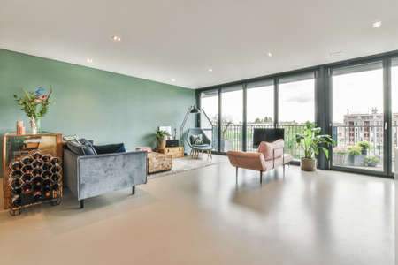 Spacious and beautiful living room with luxury furnitureの写真素材