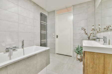 Luxury interior design of a bathroom with marble walls