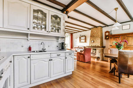 A spacious luxury kitchen in an elegant houseの写真素材