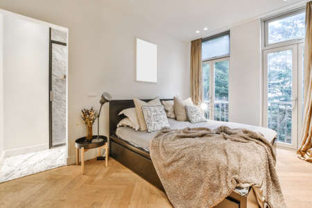 Luxury bedroom of special design in an elegant houseの写真素材