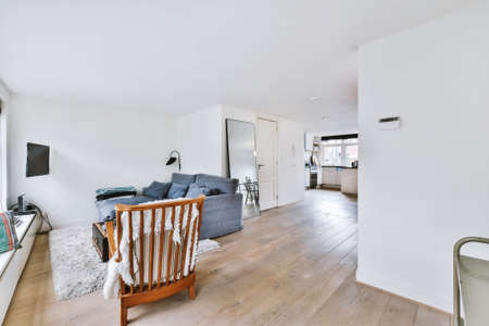 Armchair and sofa located in light room of spacious contemporary apartment near kitchen