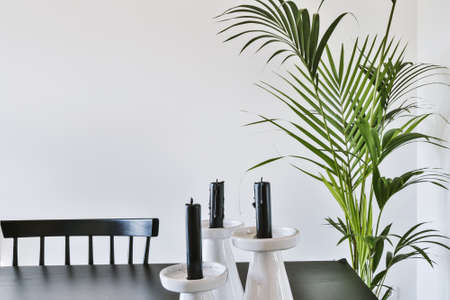 Fragment of interior of modern dining room with composition of black candles on table and green...