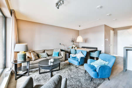 Interior of stylish living room with comfortable sofa and armchairs with cushions placed on carpet...