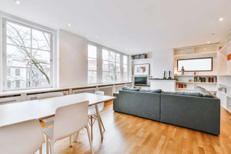 Table with chairs and sofa located against bookshelves with decorations and TV in light room of contemporary apartmentの写真素材