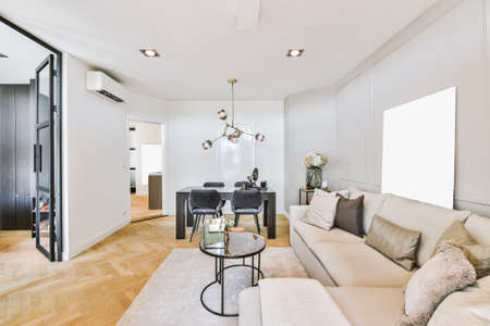Contemporary interior of living room with soft sofa and glass table in apartmentの写真素材