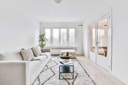 Comfortable sofa with cushions located on carpet near table in light living room with window and...