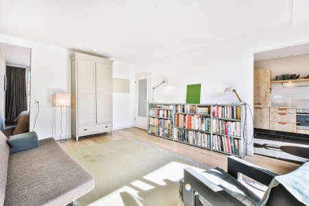 Interior of light living room with bookcase and wardrobe near comfortable seat in modern apartmentの写真素材