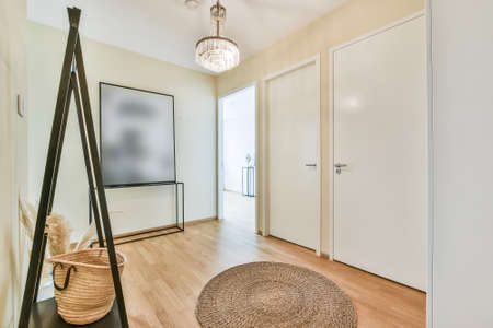 Minimalist style interior of light hallway with furniture and decorations in modern apartmentの写真素材
