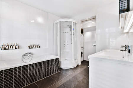 Modern stylish bathroom interior design with marble floor and white furniture with bathtub and...