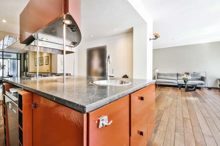 Contemporary home open space interior design with modern kitchen island in spacious apartment...