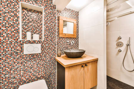 Luxury interior design of a bathroom with marble walls