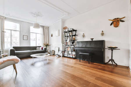 A cozy living room with sofa and shelves on the wall