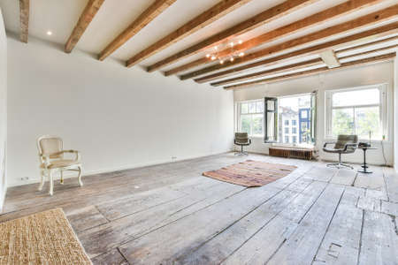 Minimalist furnishing of light house room with wooden floor with chairs and rugs under ceiling with...