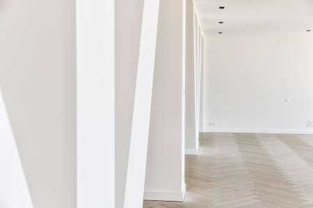 Luxury open plan penthouse apartment with parquet flooring and row of columns in white color