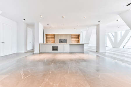 Interior of penthouse apartment with parquet and marble flooring and minimalist kitchen with wooden...