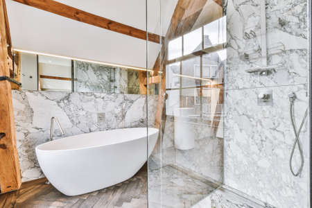 Contemporary interior of bathroom with shower and toilet near white ceramic sinks in flatの写真素材