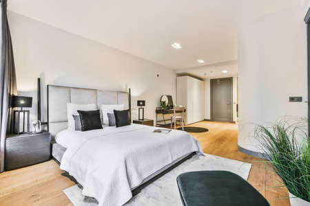 Beautiful interior design of modern and cozy bedroomの写真素材