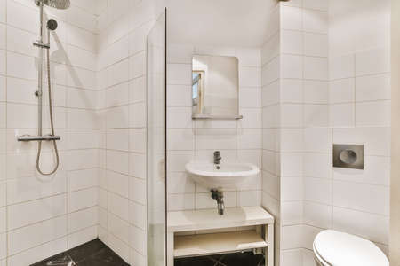 Luxury interior design of a bathroom with marble wallsの写真素材