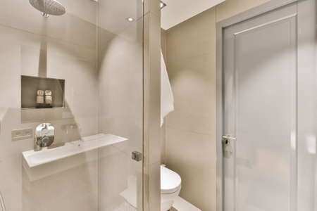 Modern shower stall in a bright bathroomの写真素材