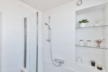 Modern shower stall in a bright bathroomの写真素材