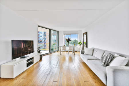 Interior of stylish living room with comfortable sofa and armchairs with cushions placed on carpet...
