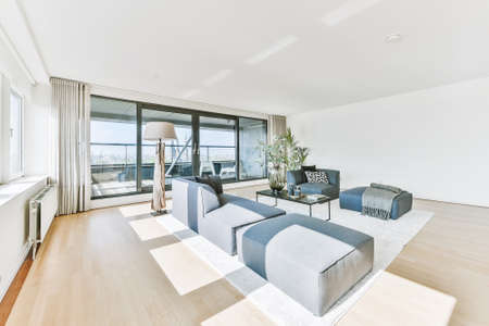 Light spacious apartment with wooden floor and simple furniture
