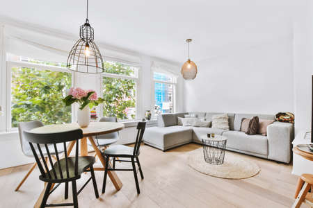 Bright living room in a modern luxury houseの写真素材