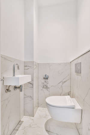 Luxury interior design of a bathroom with marble walls