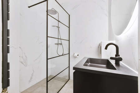 Luxury interior design of a bathroom with marble walls