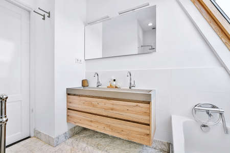 Luxury interior design of a bathroom with marble walls