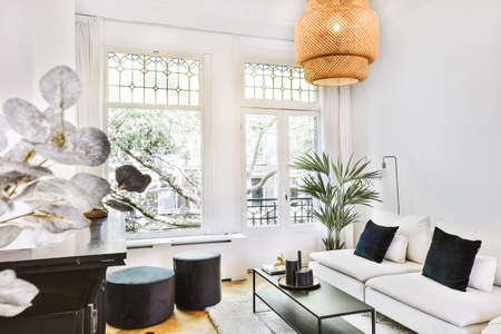 Bright living room in a modern luxury houseの写真素材