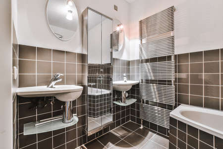 Luxury interior design of a bathroom with marble walls