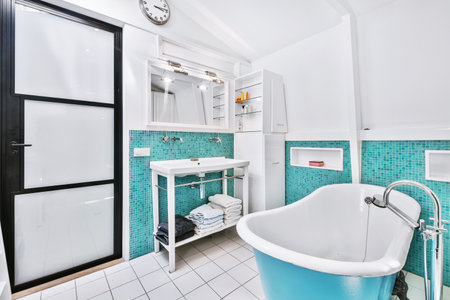 Luxury interior design of a bathroom with marble walls