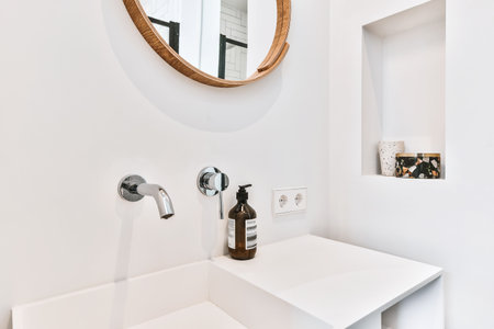 Luxury interior design of a bathroom with marble wallsの写真素材