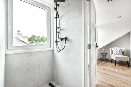 Modern shower stall in a bright bathroomの写真素材