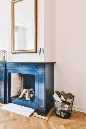 Stylish fireplace in a spacious living roomの写真素材