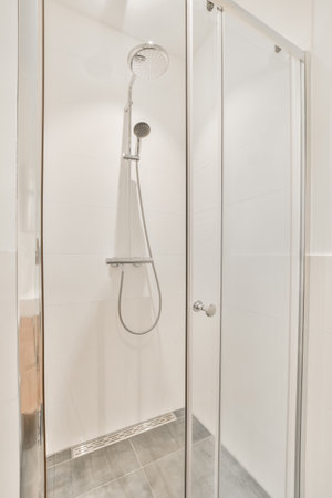 Modern shower stall in a bright bathroomの写真素材