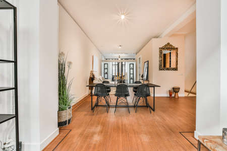 Bright dining room with decorative table and chairs