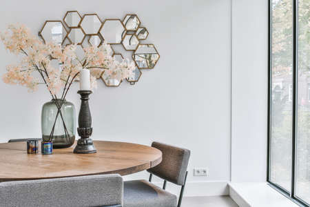 Bright dining room with decorative table and chairs