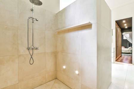 Modern shower stall in a bright bathroomの写真素材