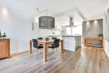 Interior design of bright and beautiful dining zone in houseの写真素材