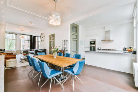 Interior design of bright and beautiful dining zone in houseの写真素材