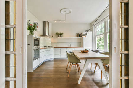 Interior design of bright and beautiful dining zone in houseの写真素材