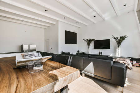 Interior of bright living room with stylish furniture