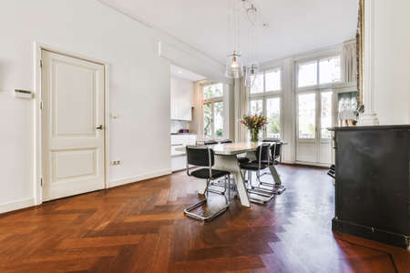 Interior design of bright and beautiful dining zone in houseの写真素材