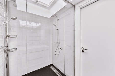Modern shower stall in a bright bathroomの写真素材