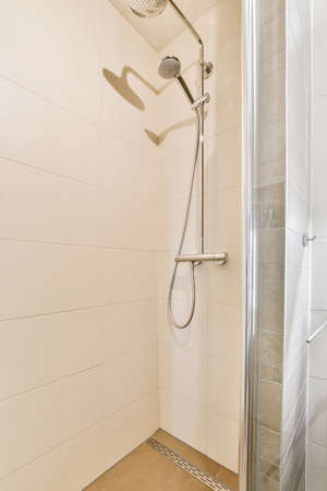 Modern shower stall in a bright bathroom