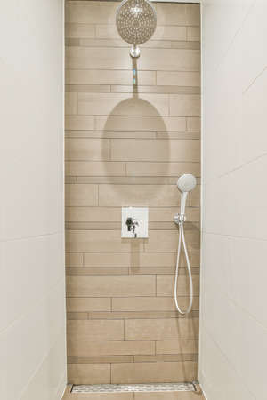 Modern shower stall in a bright bathroomの写真素材