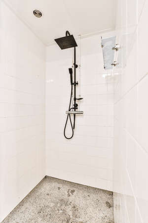 Modern shower stall in a bright bathroomの写真素材