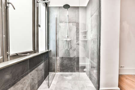 Modern shower stall in a bright bathroom